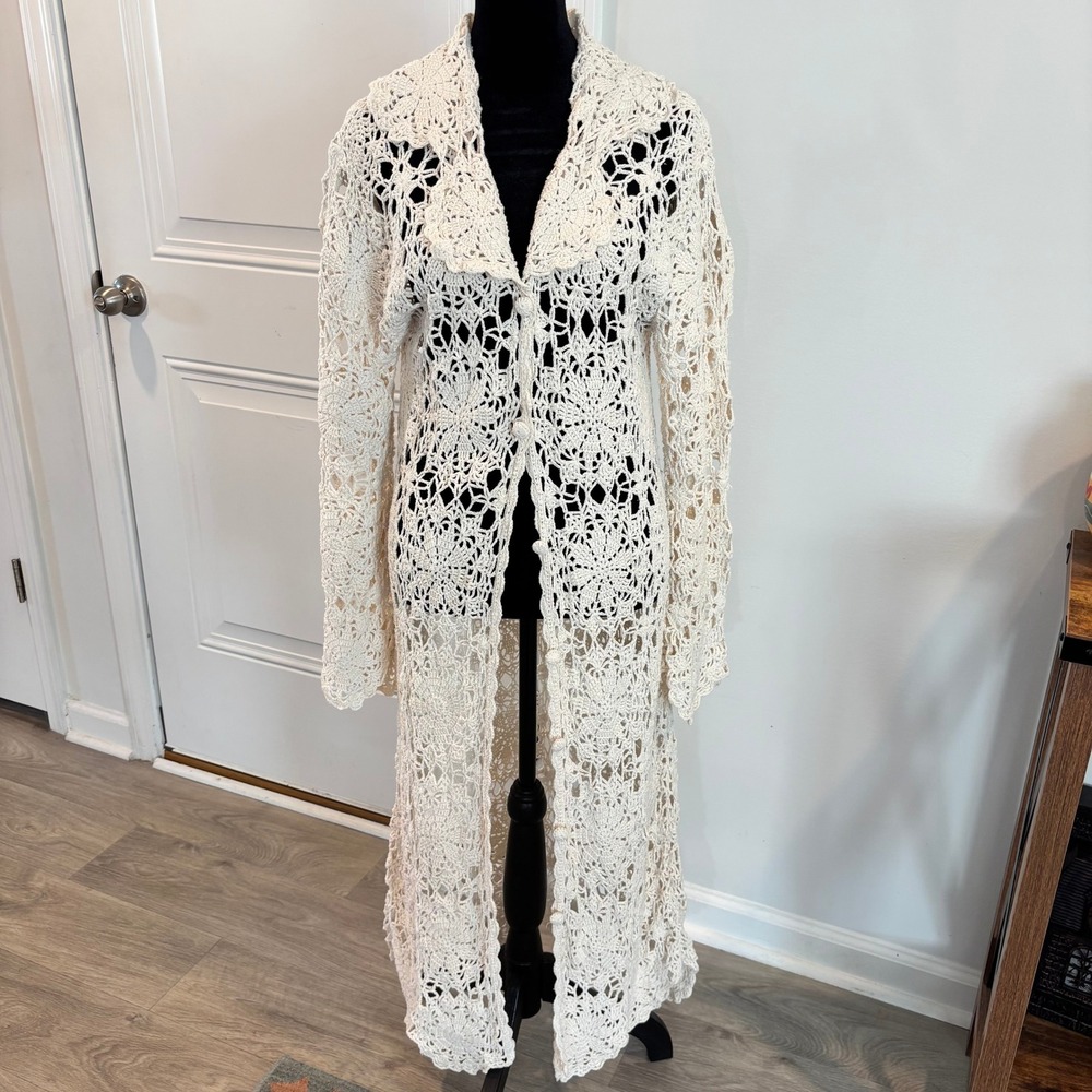 Newport News Women L White Vintage Y2K Crochet Duster Button Cardigan Boho